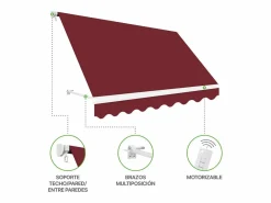 Online Wasabi - Toldo Exterior Balcón Enrollable 300x250cm Cereza – Lona Poliéster - Soporte Pared – Anclaje Barandilla Rojo