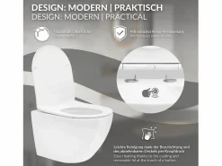 Sale WC cerámico suspendido brillante corto 49 cm sin borde, nanorecubrimiento Inodoro Suspendido