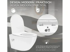 LuxeBath WC cerámico suspendido con función bidé brillante largo 53,5cm sin borde
