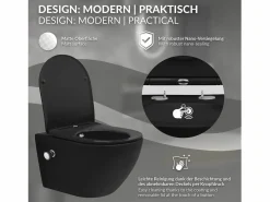 Discount LuxeBath WC cerámico suspendido nanorecubrimiento función bidé largo 53,5cm Negro