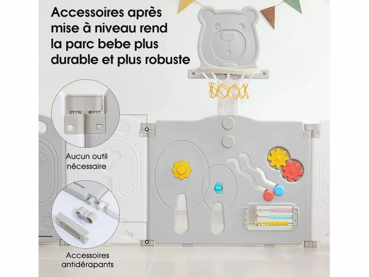 Discount DripeX Yoleo Parque de bebés plegable 8+2 paneles, portal de barrera de seguridad con cesta de baloncesto, actividades de seguridad para parques infantiles, plástico, Gris