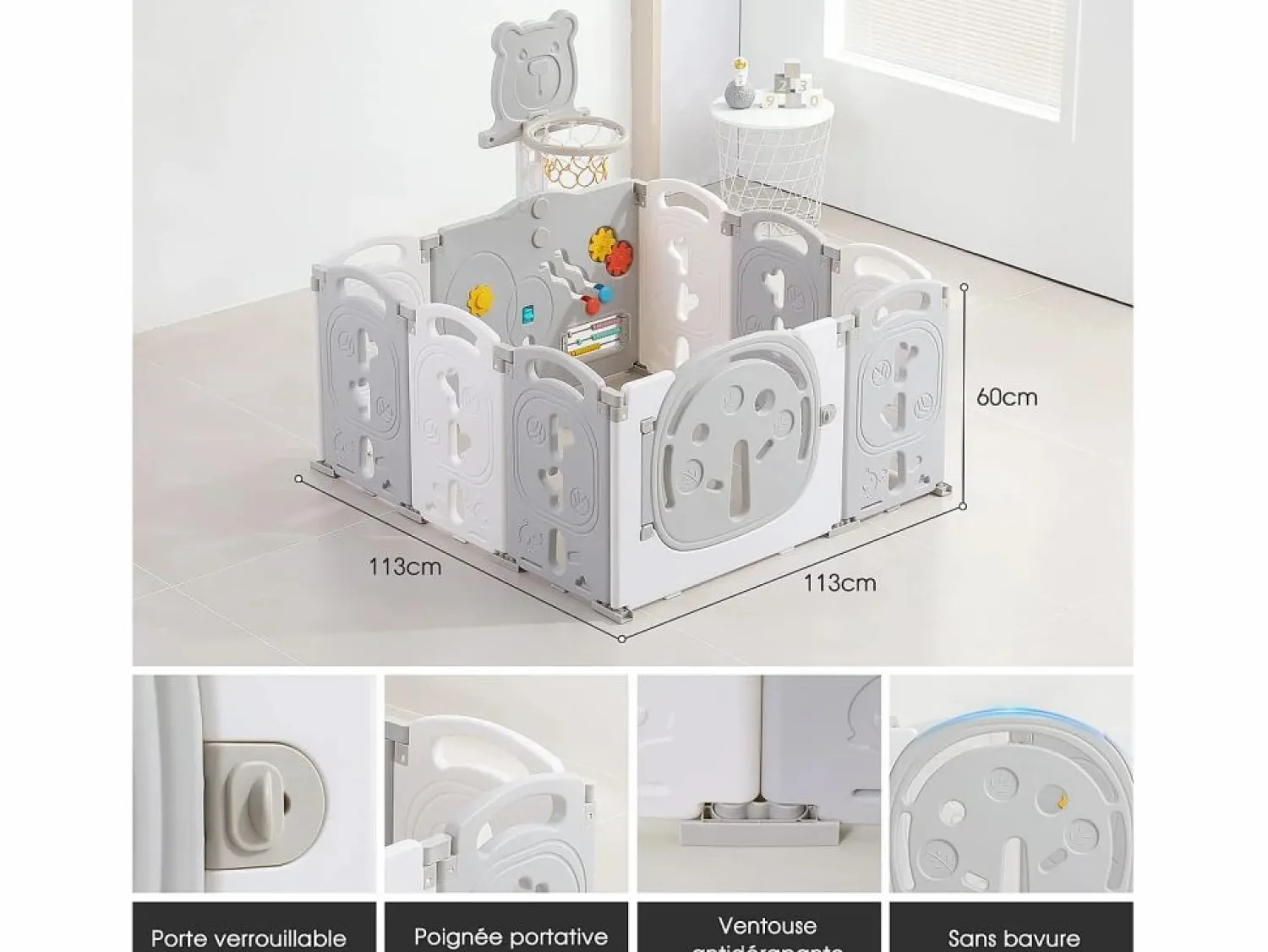 Discount DripeX Yoleo Parque de bebés plegable 8+2 paneles, portal de barrera de seguridad con cesta de baloncesto, actividades de seguridad para parques infantiles, plástico, Gris