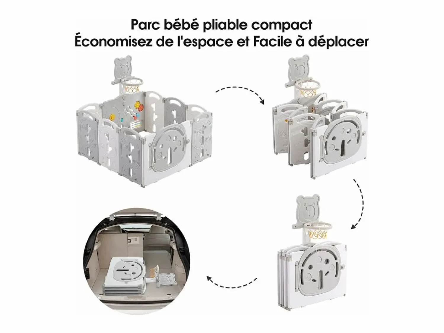 Discount DripeX Yoleo Parque de bebés plegable 8+2 paneles, portal de barrera de seguridad con cesta de baloncesto, actividades de seguridad para parques infantiles, plástico, Gris