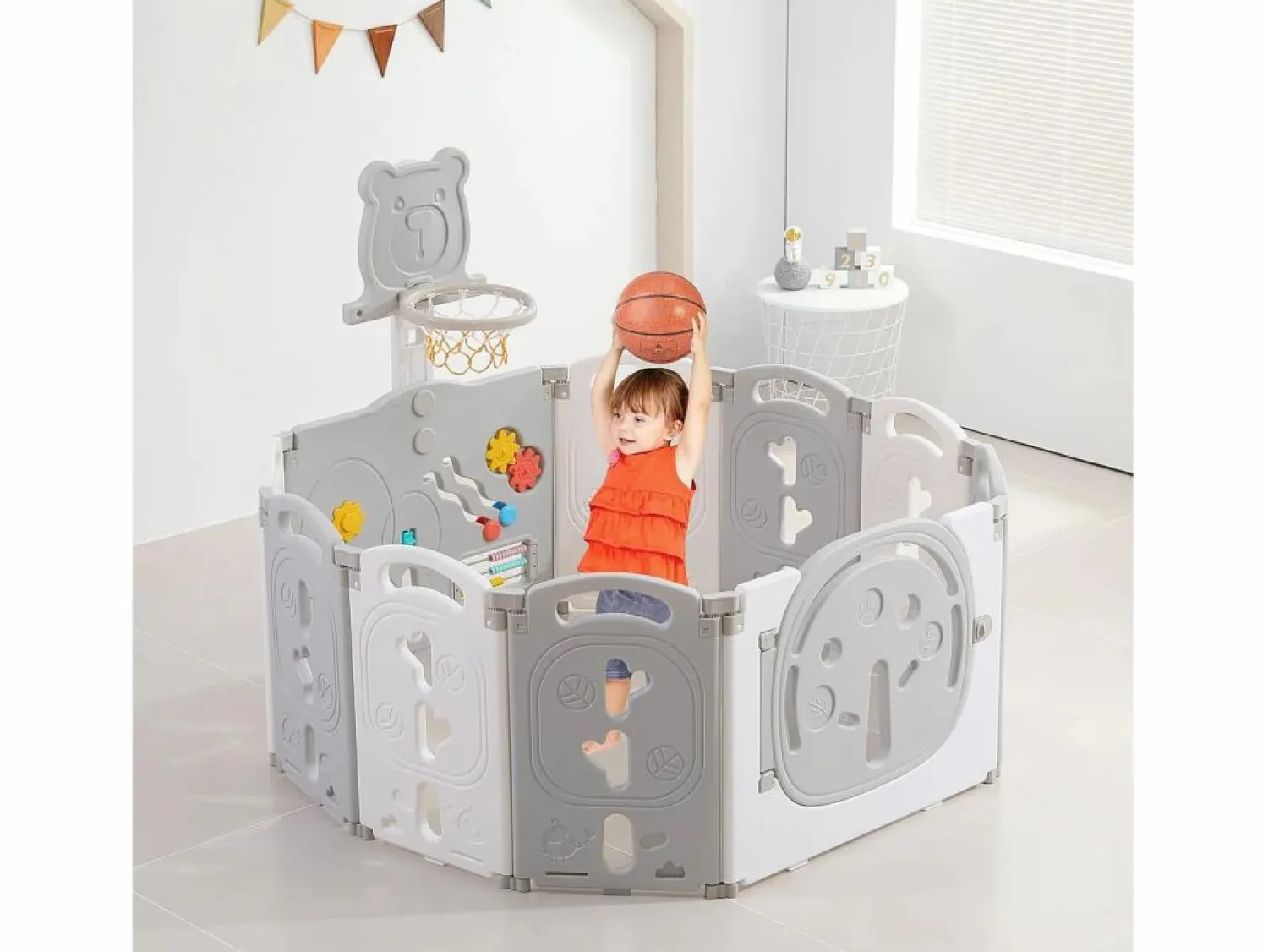 Discount DripeX Yoleo Parque de bebés plegable 8+2 paneles, portal de barrera de seguridad con cesta de baloncesto, actividades de seguridad para parques infantiles, plástico, Gris