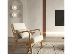 New ZACK-Sillón en tejido Curly Ecru y madera natural Sillón Escandinavo