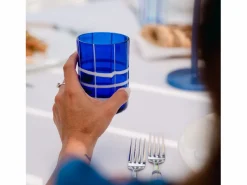 Outlet Zafferano Twiddle - Juego de 6 vasos de vidrio soplado azul, 35 cl - Vasos artesanales con decoración blanca, aptos para lavavajillas Transparente