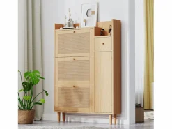 Clearance Merax Zapatero con 3 puertas abatibles y 1 cajón, medidas 90 largo x 17 ancho x 125 alto cm imitación madera, efecto caña de ratán, color roble Color natural claro