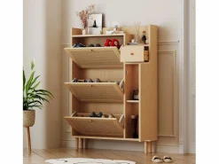 Clearance Merax Zapatero con 3 puertas abatibles y 1 cajón, medidas 90 largo x 17 ancho x 125 alto cm imitación madera, efecto caña de ratán, color roble Color natural claro
