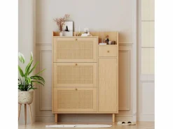 Clearance Merax Zapatero con 3 puertas abatibles y 1 cajón, medidas 90 largo x 17 ancho x 125 alto cm imitación madera, efecto caña de ratán, color roble Color natural claro