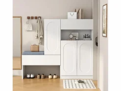 Hot Zapatero con asiento acolchado - 3 puertas, 1 cajón - almacenamiento abierto - Blanco