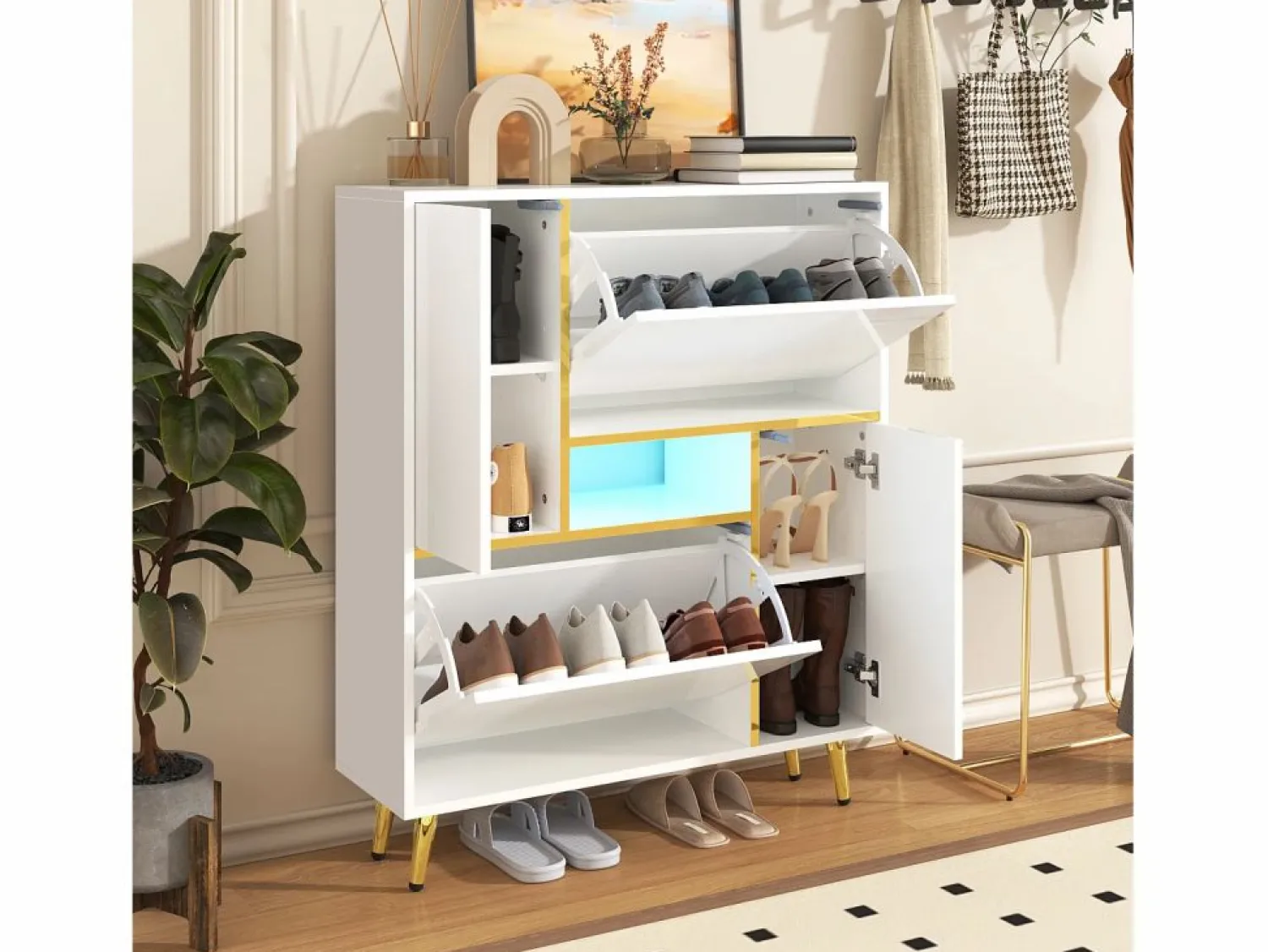 Merax Zapatero con frente brillante - 80 x 25 x 96 cm - LED - Tablero de partículas - Blanco