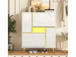 Merax Zapatero con frente brillante - 80 x 25 x 96 cm - LED - Tablero de partículas - Blanco