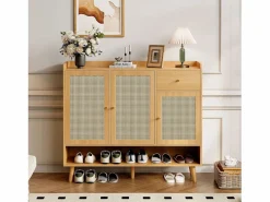 Hot Zapatero de madera con 3 puertas y 1 cajón - Zapatero con tiradores de metal y patas de madera maciza - almacenaje abierto Color natural claro