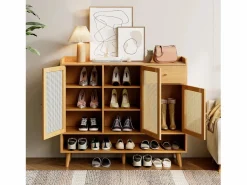 Hot Zapatero de madera con 3 puertas y 1 cajón - Zapatero con tiradores de metal y patas de madera maciza - almacenaje abierto Color natural claro