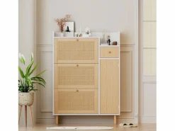 Hauss Spole Zapatero de madera y ratán, 3 puertas y 1 cajón, 90x17x125 cm, color natural + blanco Color natural claro