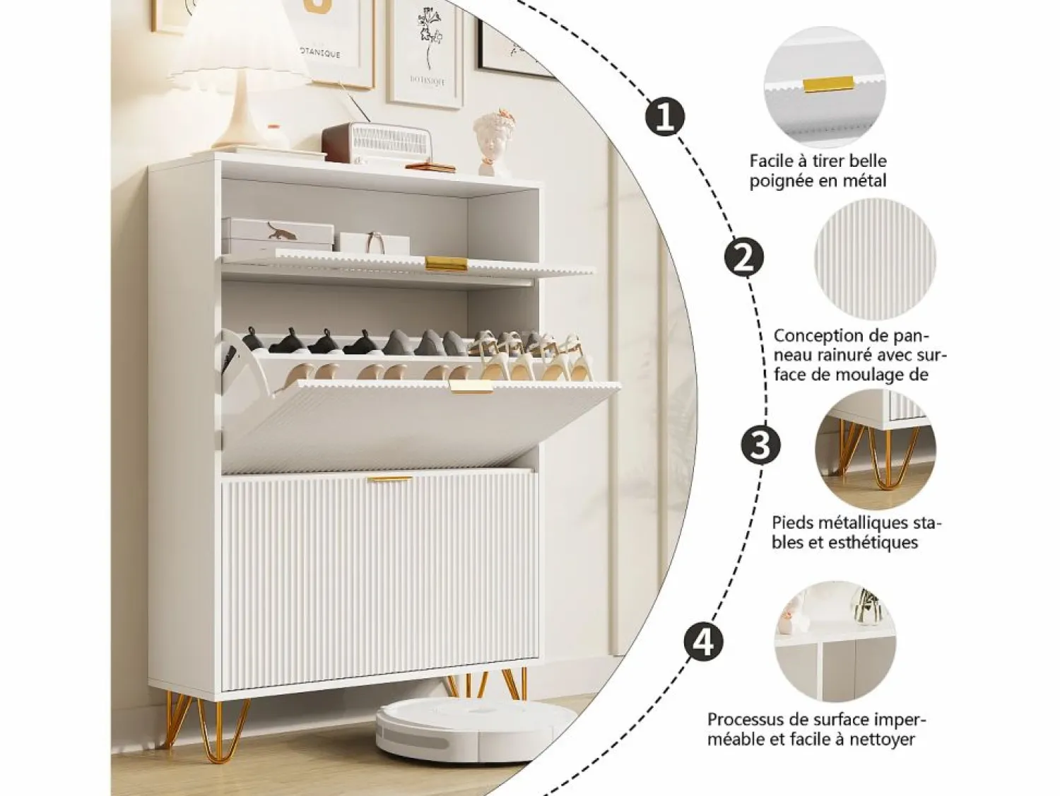 Discount Zapatero moderno con 3 cajones de madera, tiradores dorados, pequeños estriados. Zapatero|Mueble De Almacenaje