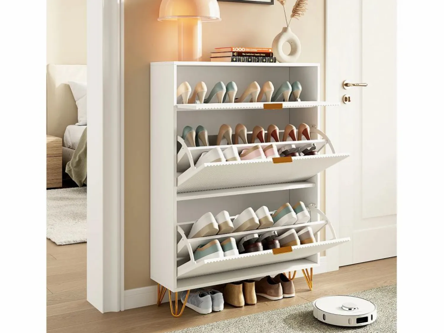 Discount Zapatero moderno con 3 cajones de madera, tiradores dorados, pequeños estriados. Zapatero|Mueble De Almacenaje