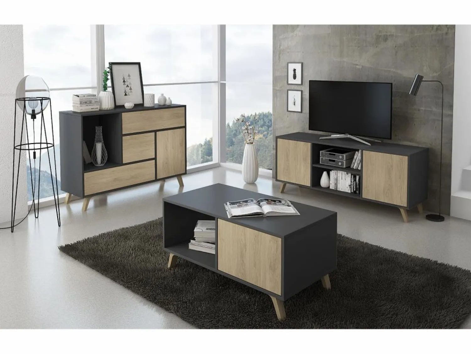 Online Skraut Home Zapatero WIND, color estructura Gris Antracita, color roble, 90x26x102cm Color natural claro